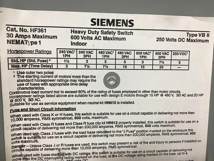 Used SIEMENS 30 Amp Disconnect Switch HF361 #130226