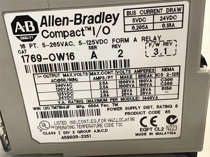 Used ALLEN BRADLEY Compact I/O Relay 1769-OW16 SER A Used #138234