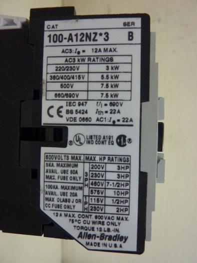 Used ALLEN BRADLEY Contactor 100-A12NZ.3 SER B #63570