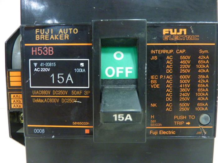 Used FUJI ELECTRIC 15 Amp Circuit Breaker H53B-15 #46737