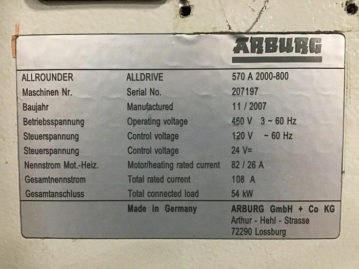 Used ARBURG 220 Ton Injection Molding Machine 570A 2000-800-50 USED