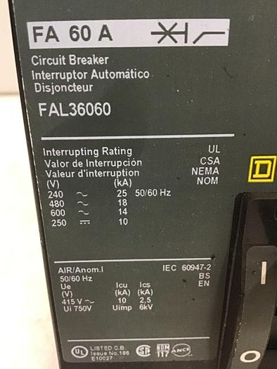Used SQUARE D 60 Amp Circuit Breaker FAL36060 / SWITCH #143729