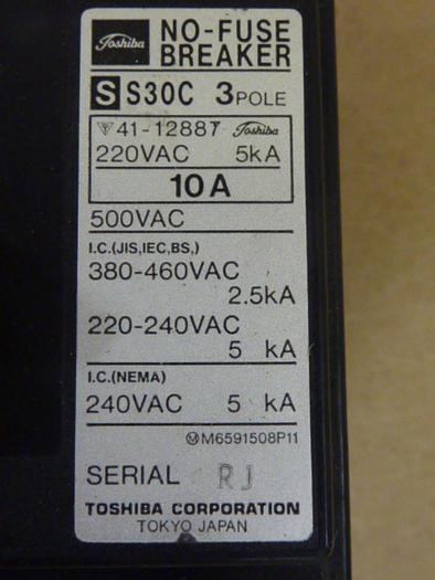 Used TOSHIBA 10 Amp Circuit Breaker S30C-3P-10A #57879