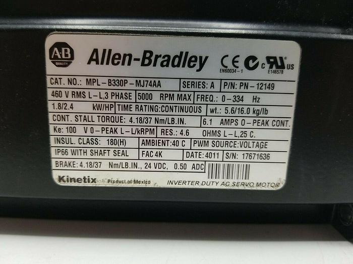 Used ALLEN BRADLEY MPL-B330P-MJ74AA SERVO MOTOR Ser A SAME DAY SHIPPING