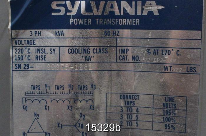 Used Sylvania 02-LP3-3AN Transformer, 20 Kva #15329