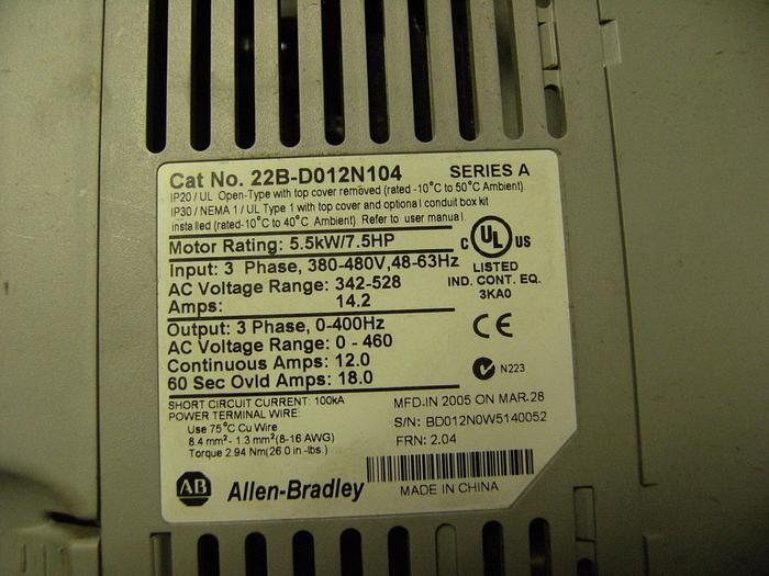 Used Motor, 7.5 HP, Allen Bradley, Powerflex 70, AC #S740330