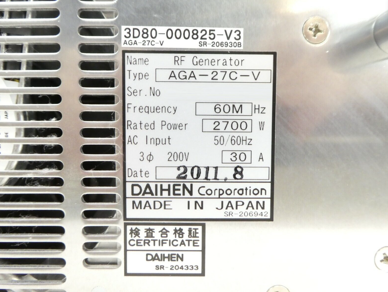 Used Daihen AGA-27C-V RF Generator TEL 3D80-000825-V3 Copper Cu Exposed Working Spare