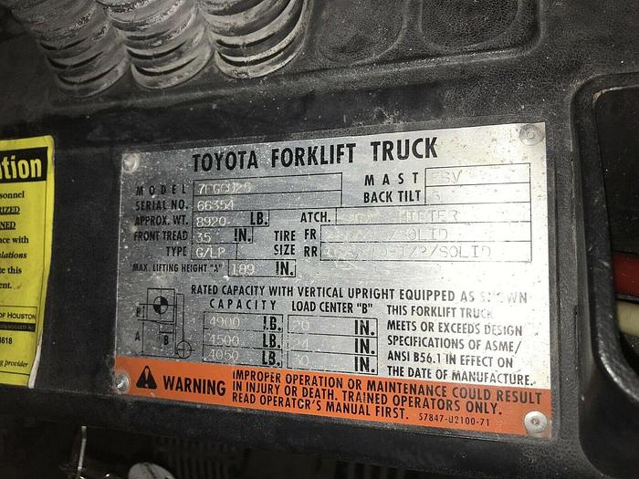 Used 5,000 POUND TOYOTA FORKLIFT MODEL 7FGCU25 1,000 HOURS