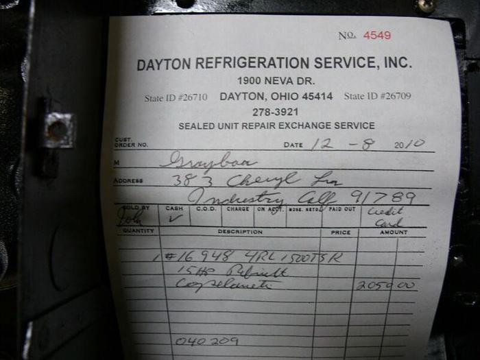 Used Dayton / Copelametic 4RL3-1500-TSK Refrigeration Compressor 15HP 3ph  230/460V