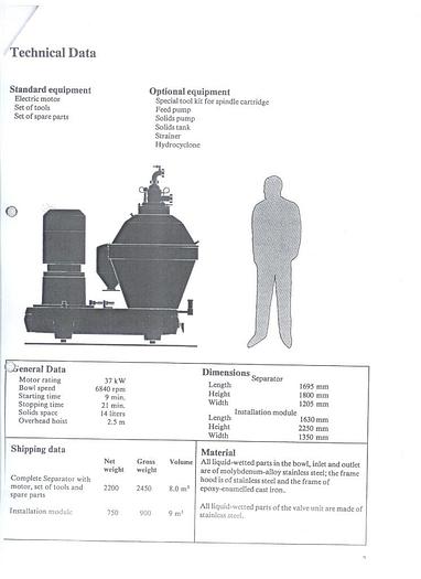 Used Alfa Laval separator, type AX 215H-31B including installation module