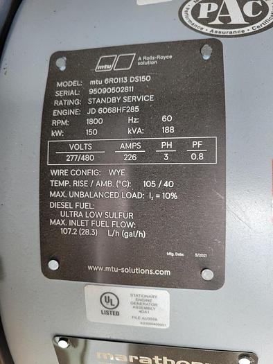 2021 MTU DS150 Generator 150 kW Tier 3