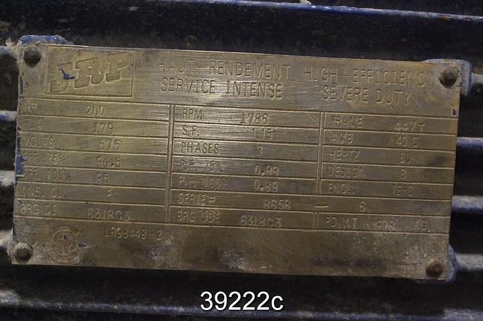Used JRP 200 HP AC Motor, 1786 RPM, 575 Volts, 447T Frame #39222
