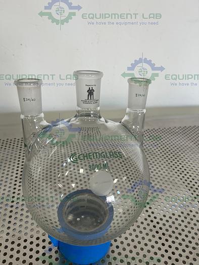 Used Chemglass  3000 mL 3-Neck Round Bottom Heavy Wall Flask 24/40, 24/26