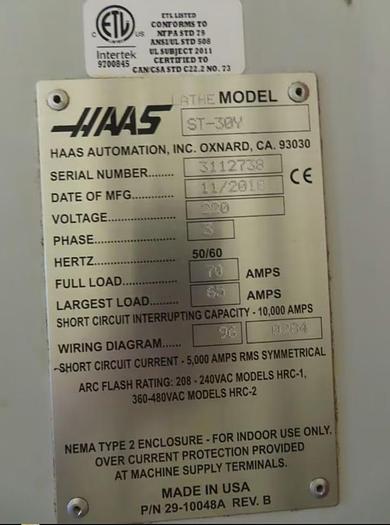 Used 2018 HAAS ST-30Y CNC Turning Center With Live Tooling