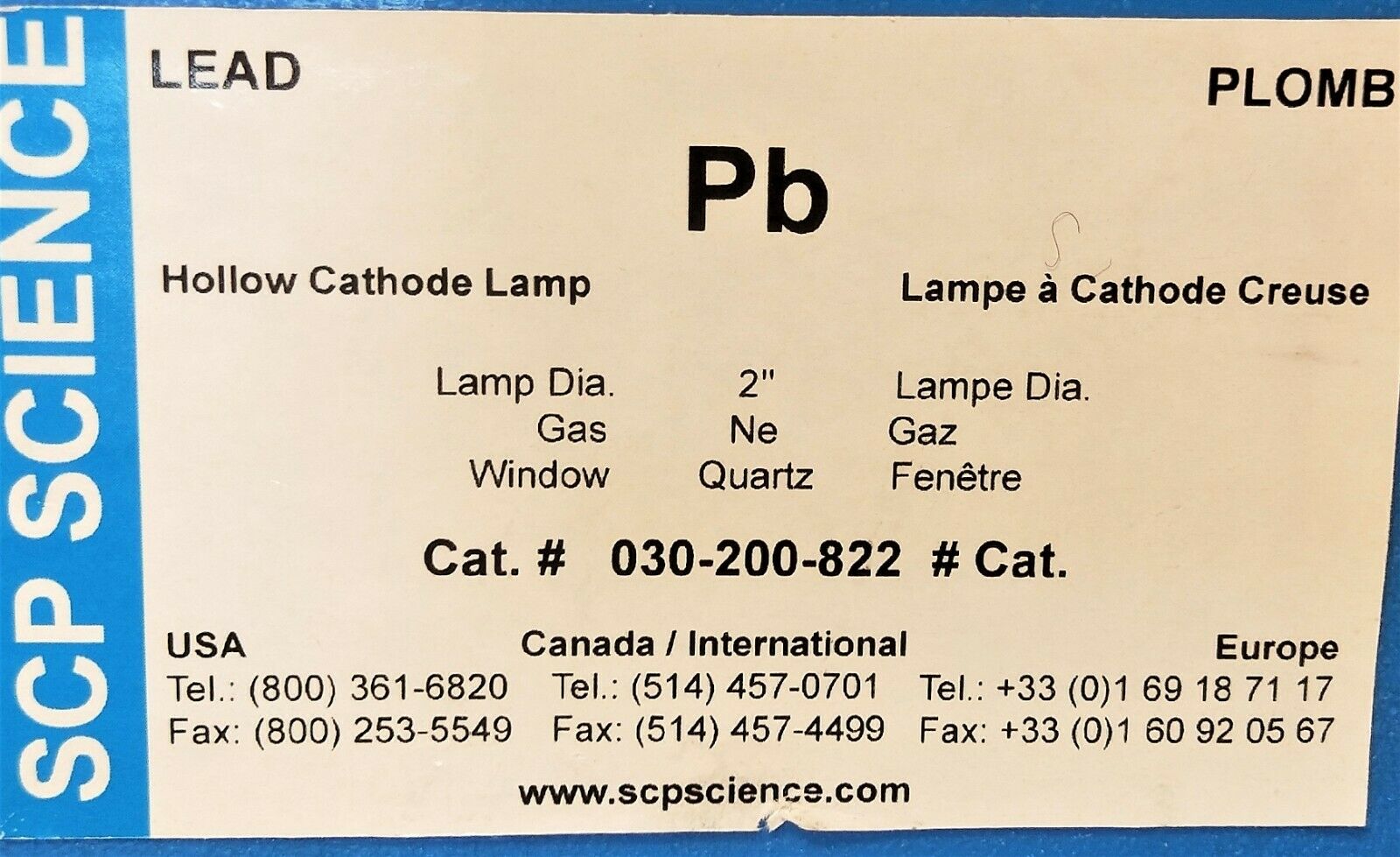 Used SCP Science 030-200-822 Lead (Pb) AA Lamp