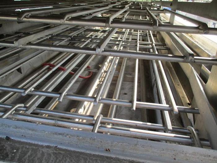 Used STEAM FIRED BLANCHER, 48" W X 16' LONG, TRIPLE PASS, OVERHEAD FRAMEWORK FOR HOISTING CANOPY, ALL STAINLESS STEEL M2003M