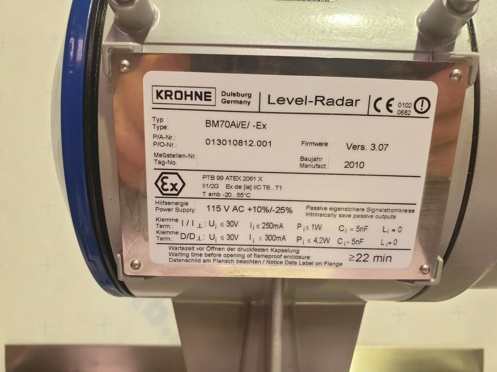 Used Krohne BM70Ai/E/-Ex Level Radar c/w V96 HC K6375-1G BL 6" Mounting