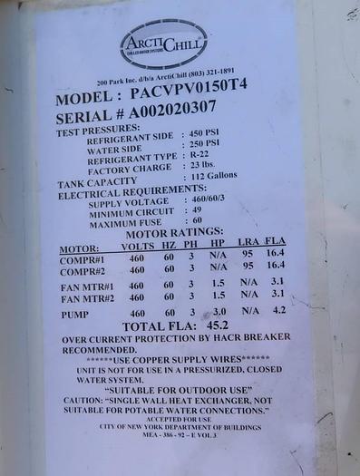Used 15 TON AIR COOLED ARCTIC CHILL CHILLER