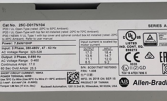 Used Allen-Bradley 25C-D017N104 Ser A For Parts 