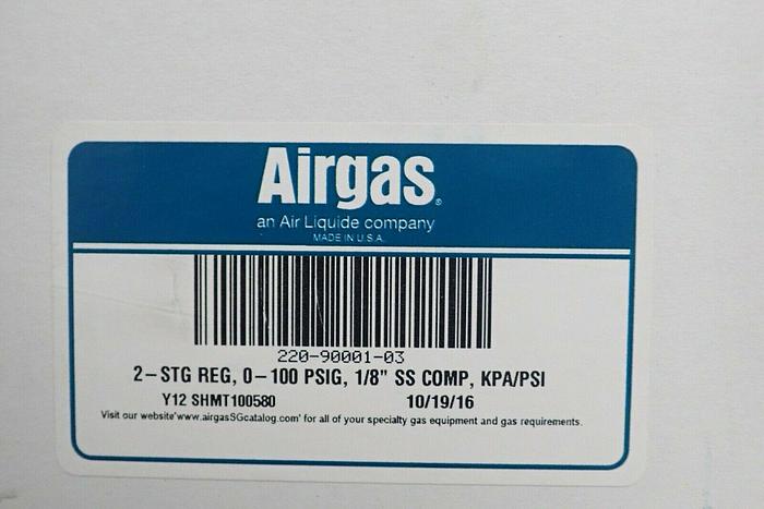 Used AIRGAS Shimadzu Regulator for GC (He, Ar, N2) 2-stg Reg 0-100 Psig 1/8” SS Comp