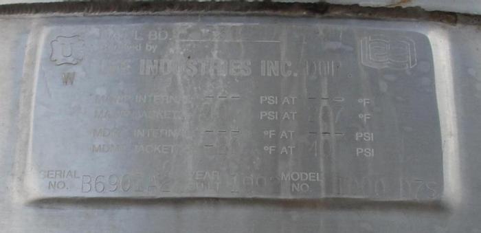 Used 1000 GALLON LEE SICKLE AGITATED KETTLE - S/S - 40 PSI JACKET