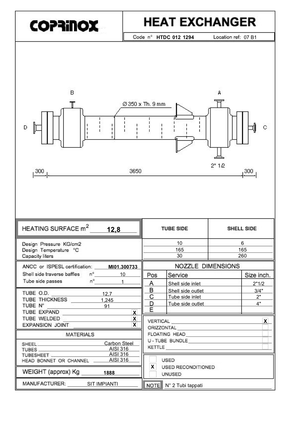 Used SIT IMPIANTI heat exchanger of 12.8 square meters