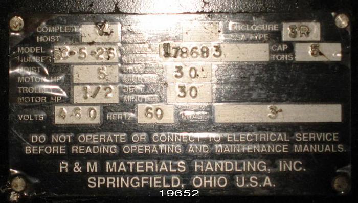Used R & M Electric Hoist SC-5-26 Electric Hoist, 5-Ton, Cable Type #19652