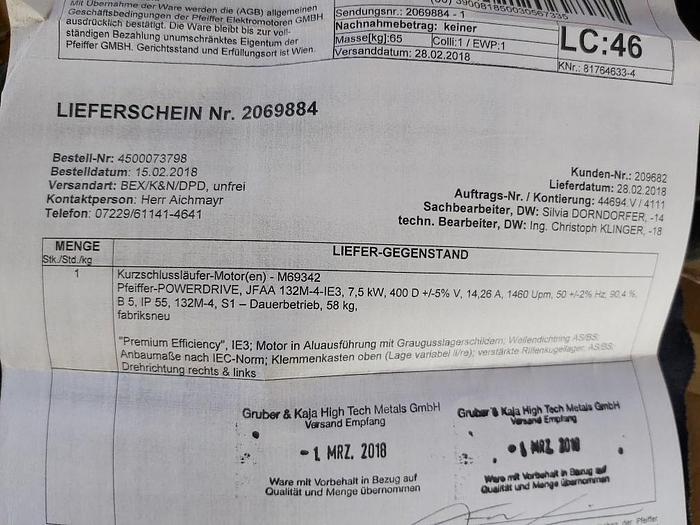 Energiespar Elektromotor mit Flansch, JFAA 132M-4-IE3, 7,5 KW, 1460 rpm, Pfeiffer, neu
