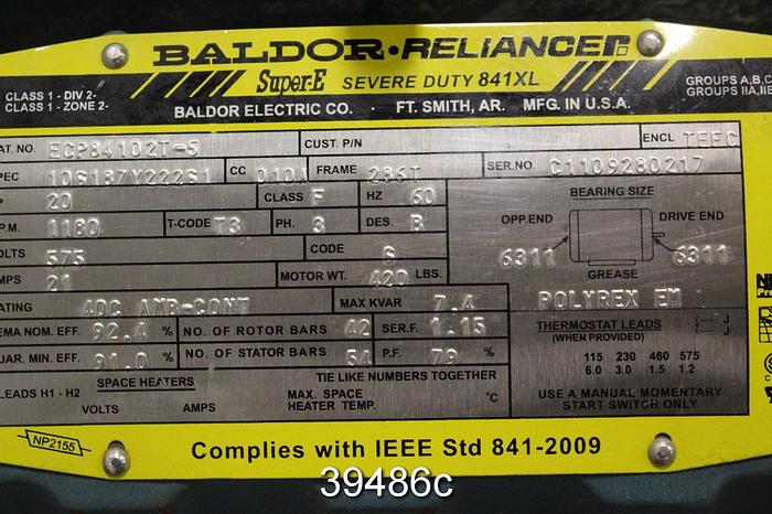 Used Baldor 20 HP AC Motor, 1180 RPM, 575 Volts, 286T Frame, ECP84102T-S #39486