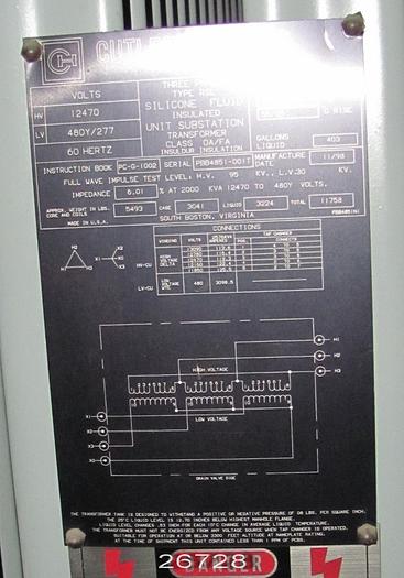 Used Cutler Hammer  Transformer, 2000 Kva, 12470 Primary Voltage, 480 Secondary Voltage, Cu/Cu Windings, 6.01% Impedance,  D/Y Connection, 13,090 High Tap Voltage, 11,850 Low Tap Voltage, Silicon Liquid Filled #26728