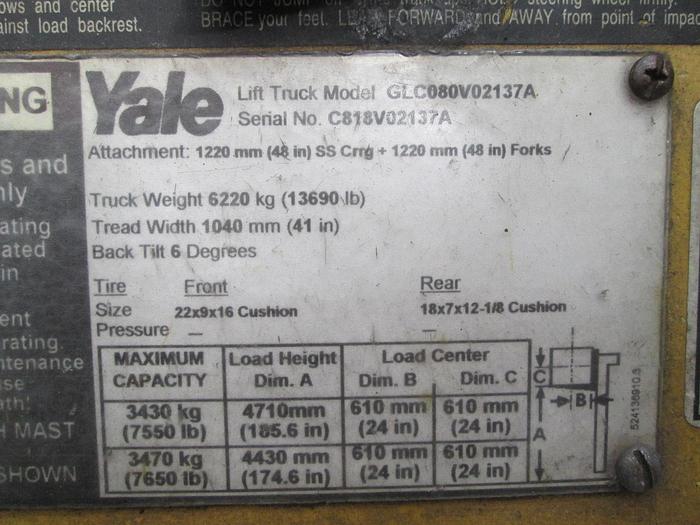 Used Yale Model GLC080 8000 LB Forklift