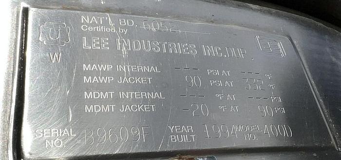 Used 400 GALLON LEE AGITATED KETTLE - S/S - 90 PSI JACKET