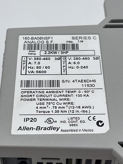 Used Allen-Bradley 160-BA06NSF1 Ser C 3HP 2.2KW