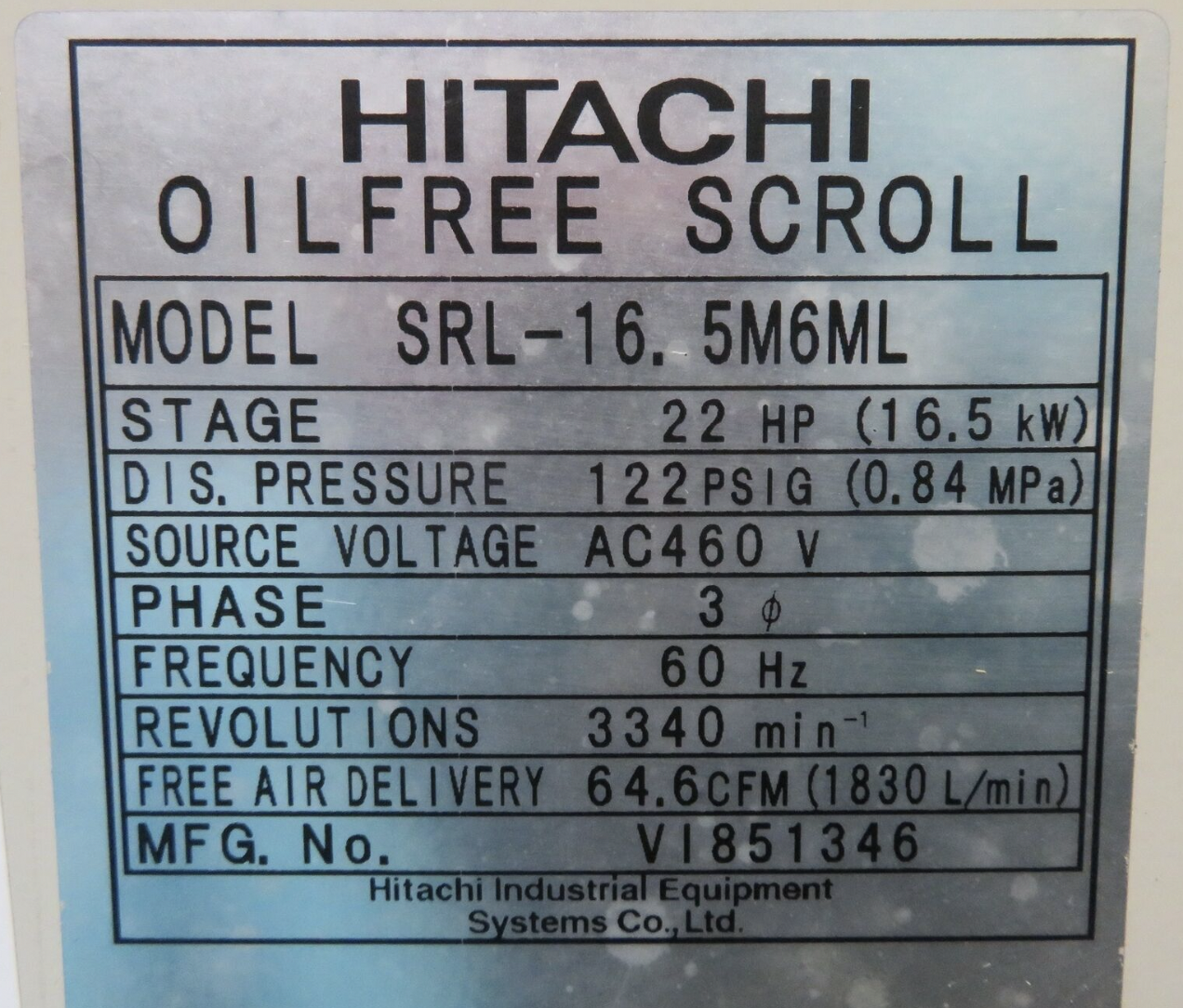 Used Hitachi SRL-16.5M6ML Oilfree Scroll MultiDrive Compressor 64.6CFM 16.5kW