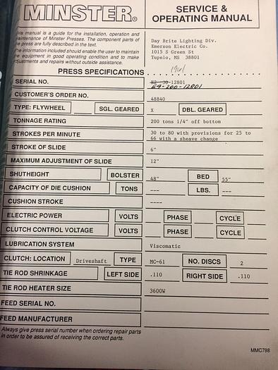 Used 200 TON MINSTER SSDC PRESS