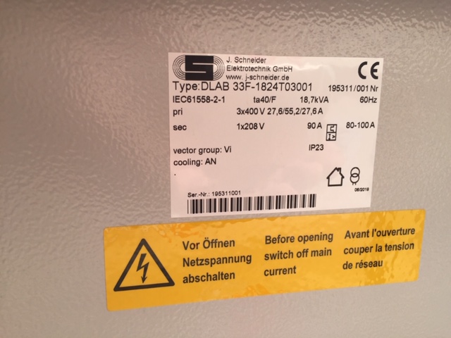 Used Transformer 3Phx400V 60HZ to 208V 1Ph, 90A