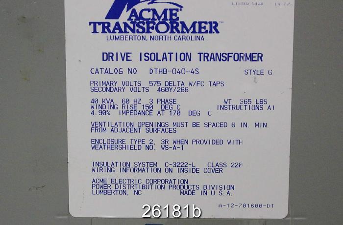 Used Acme Transformer DTHB-040-4S Three Phase Transformer, 40 KVA #26181