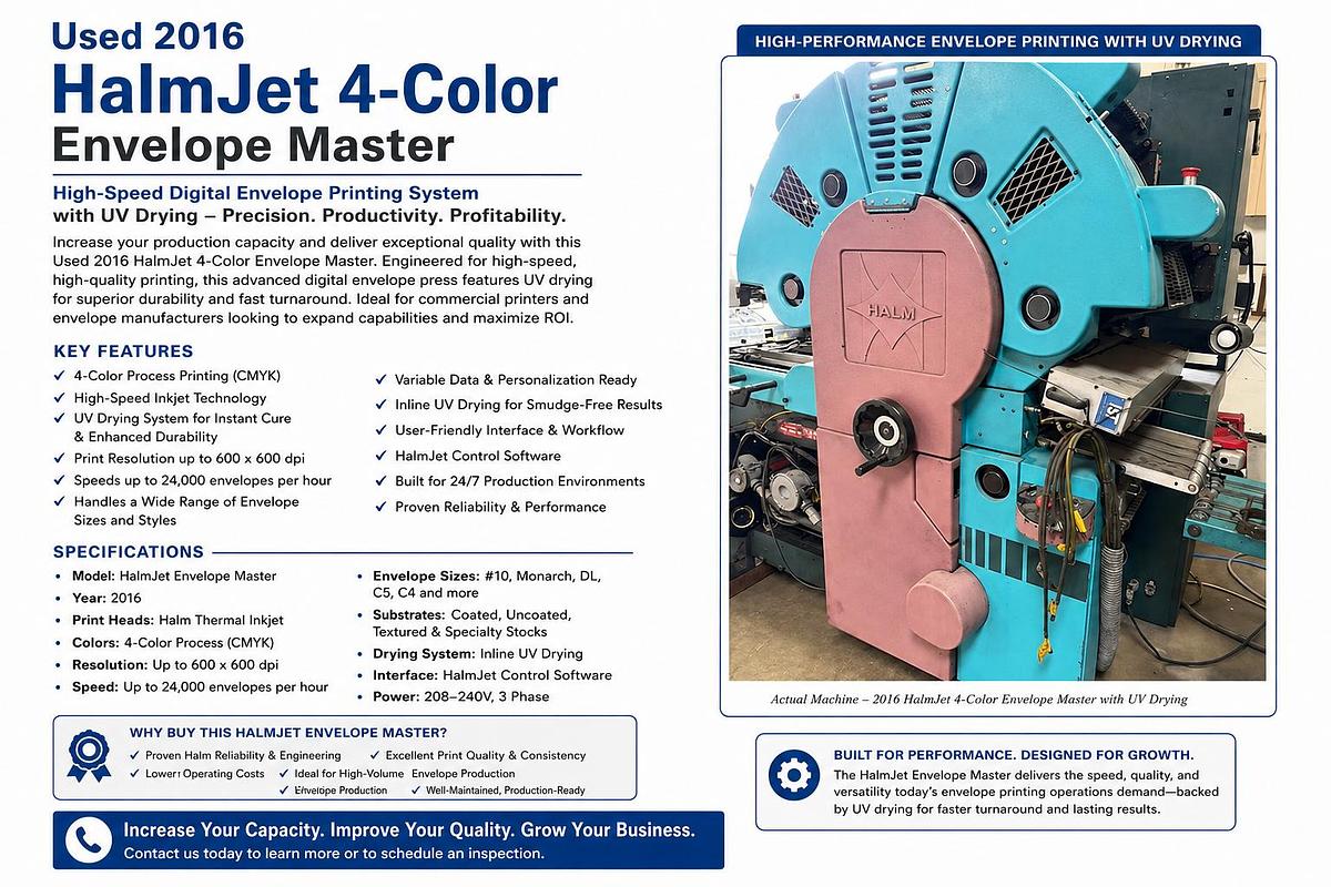 Used Used 2016 HalmJet 4-Color Envelope Master with UV Dryer