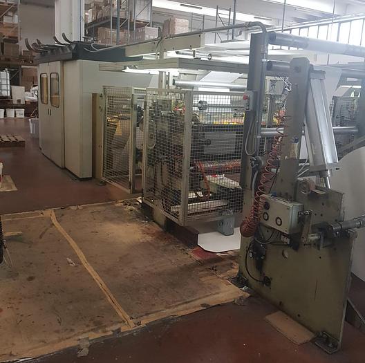 Used (visible in production) 2000 MANZONI Seriana 31 with in line 4 col. flexo - Flat & satchel (V) paper bag making machine