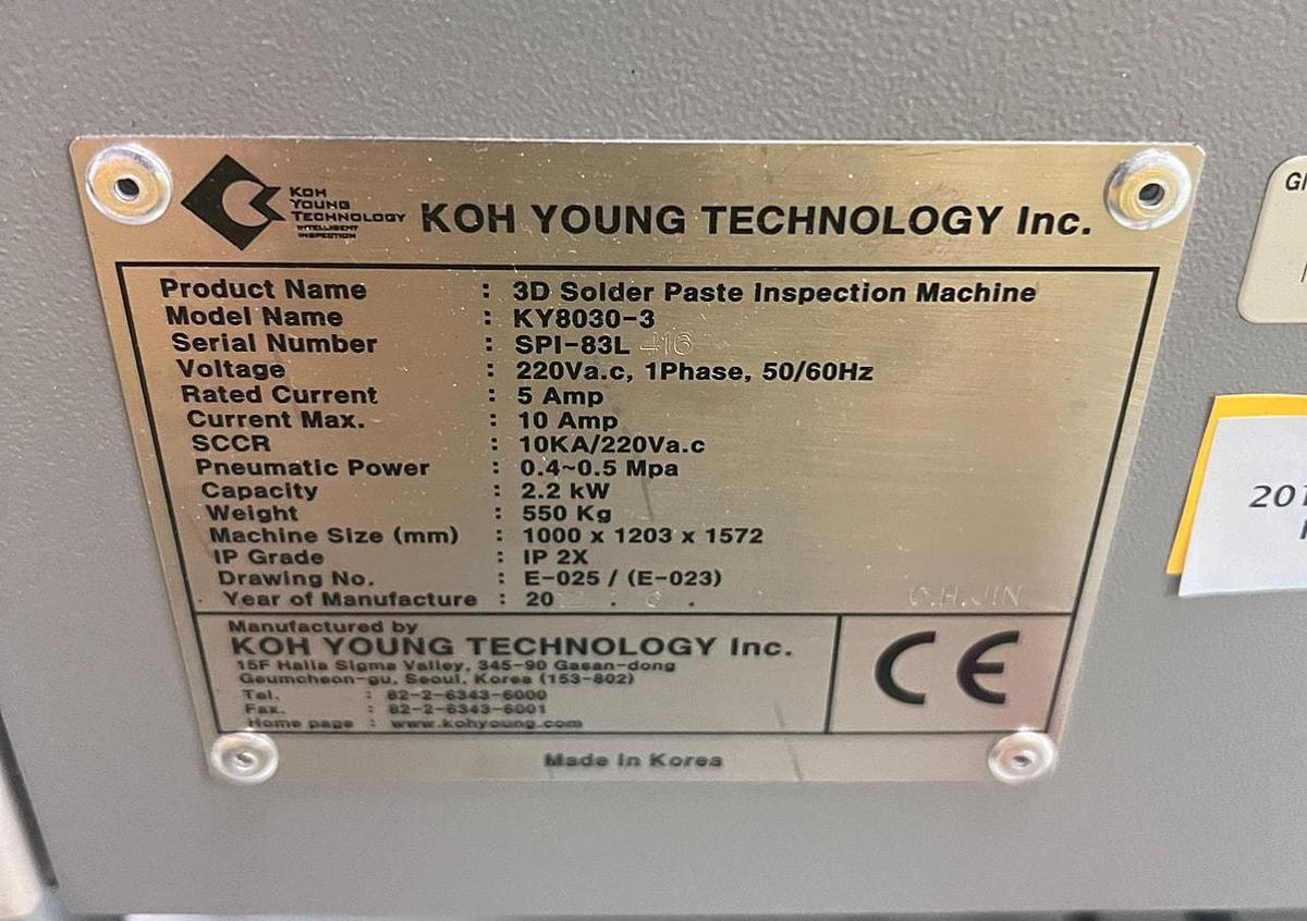 Used (SOLD) 2012 Koh Young KY8030-3 3D Solder Paste Inspection Machine