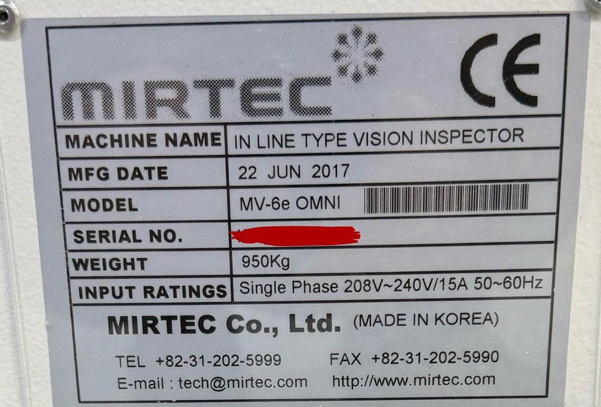 Used (SOLD) 2017 Mirtec MV-6 OMNI 3D Inline AOI