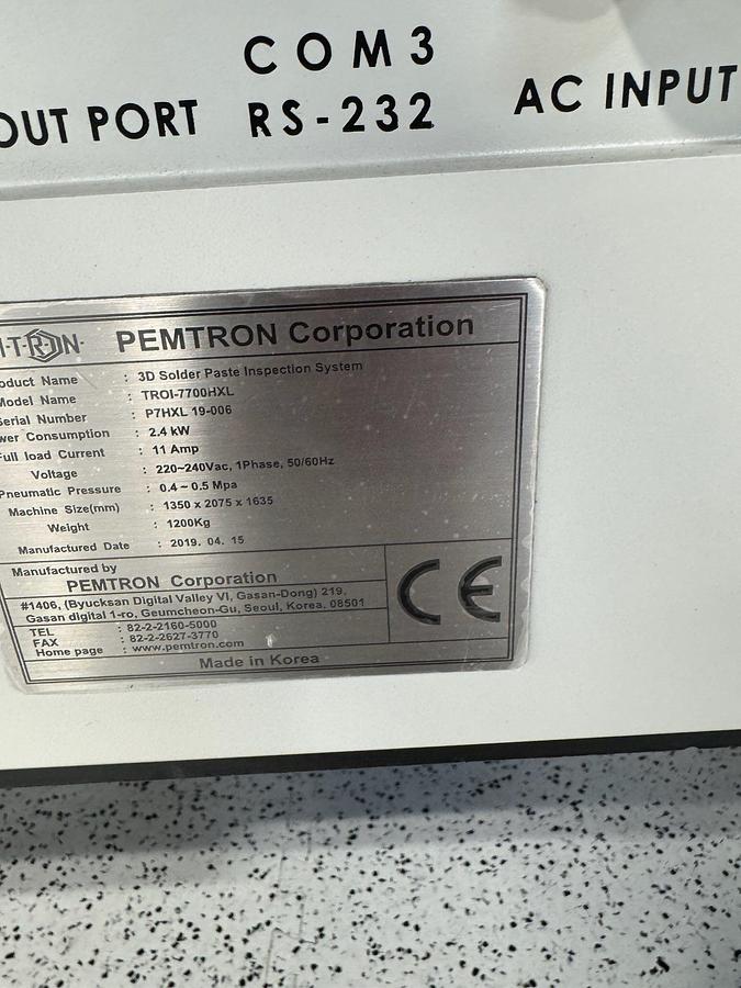 Used (SOLD) 2019 PEMTRON TROI-7700HXL Inline Solder Paste Inspection machine