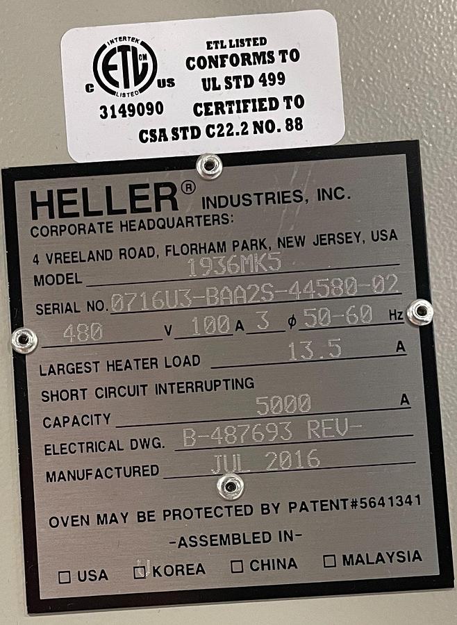Used (SOLD) Heller 1936 MK5 10 Zone Air Only Reflow Oven