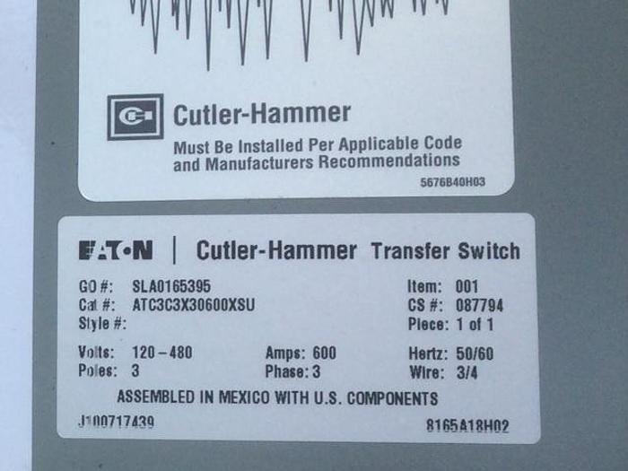 Used EATON Cutler hammer 600amp 3 phase 480 volt ATS