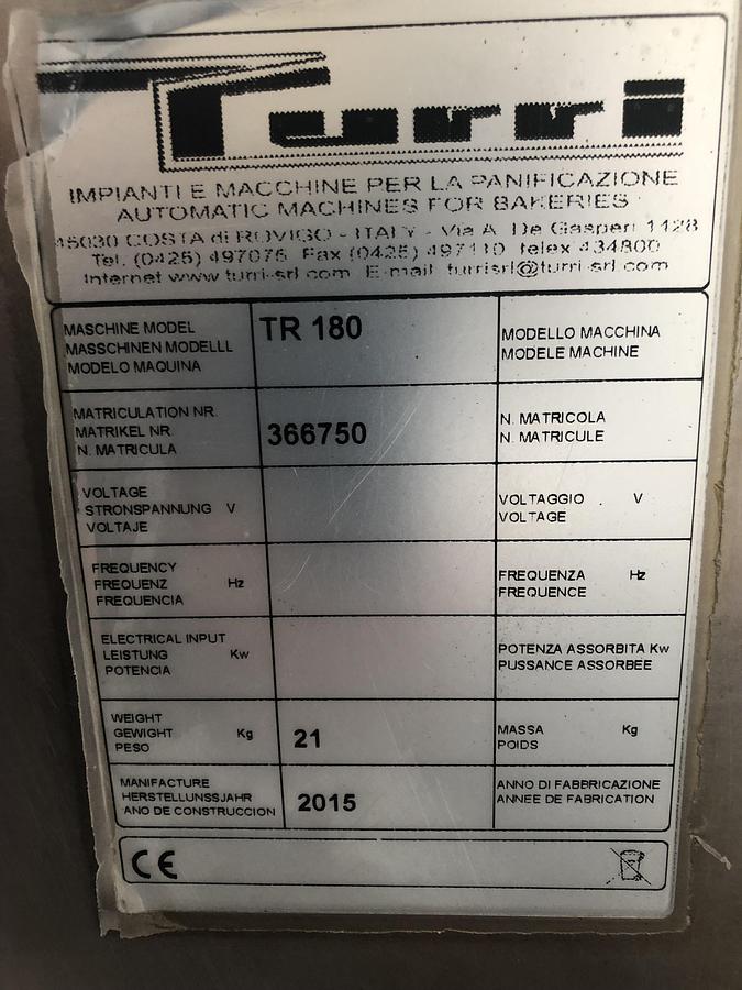 Used Turri TR180 Volumetric Divider New Belts Fitted