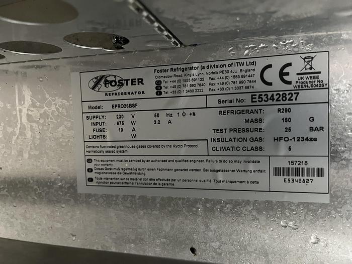 Used Fosters freezer to take 18" x 30" Tray Size