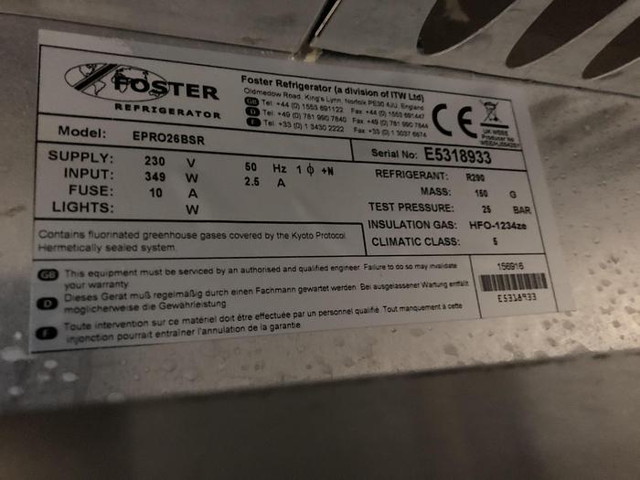 Used Fosters fridge, To take 18" x 30" Tray Size