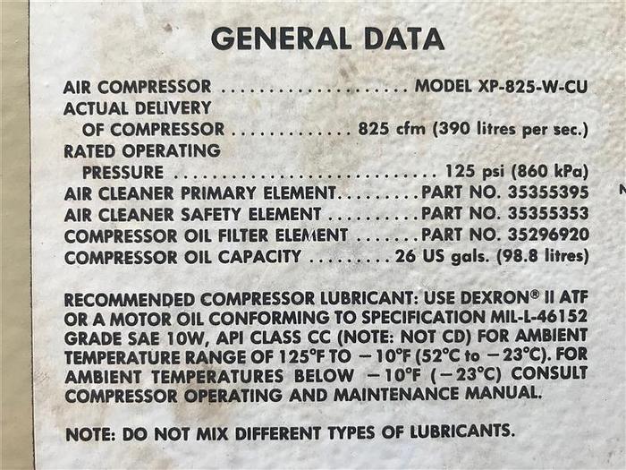 Used 1988 Ingersoll-Rand XP-825-W-CU 825 cfm / 125 psi Air Compressor Towable