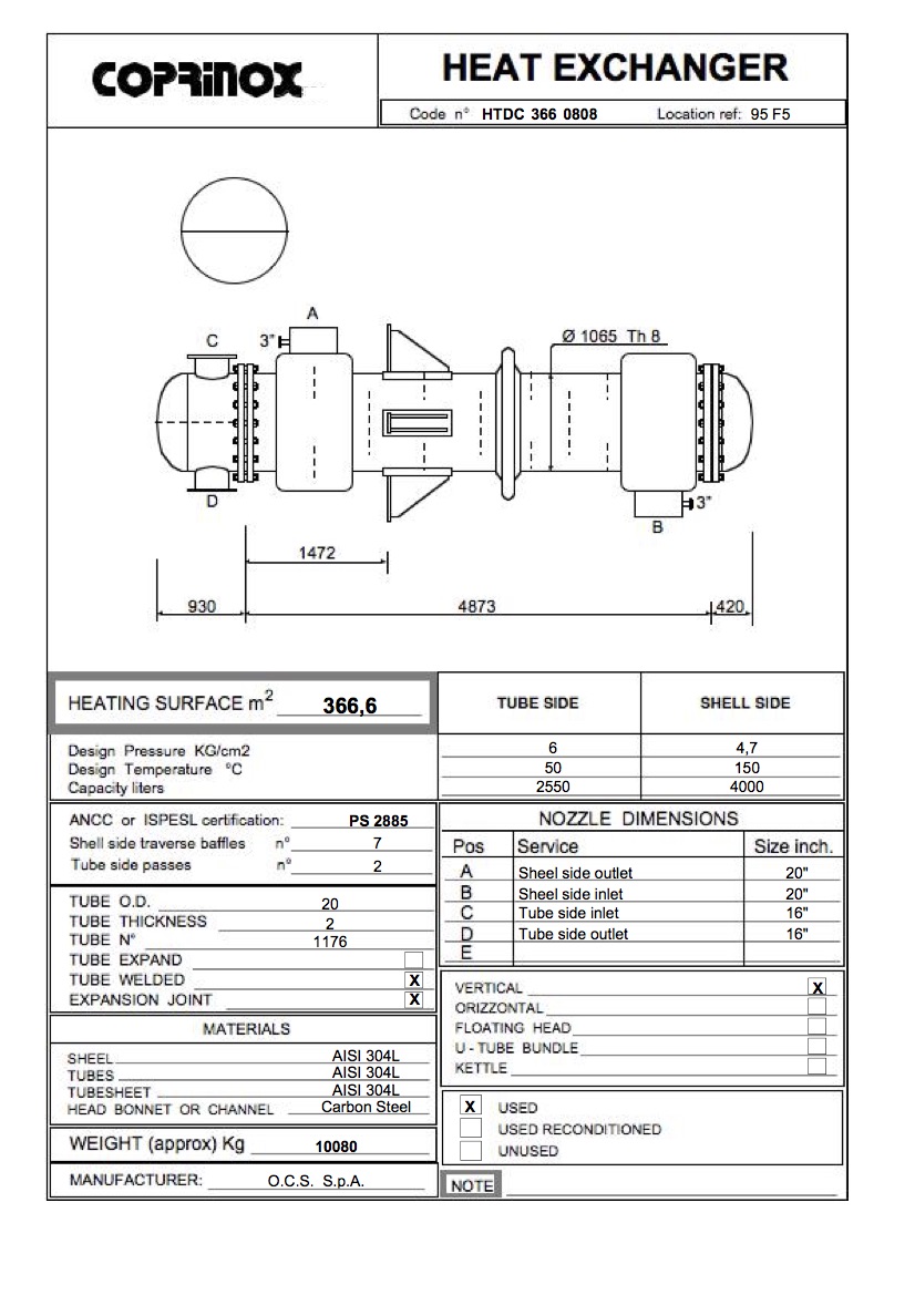 Usato Scambiatore di calore O.C.S. S.p.A. da 366,6 metri quadrati