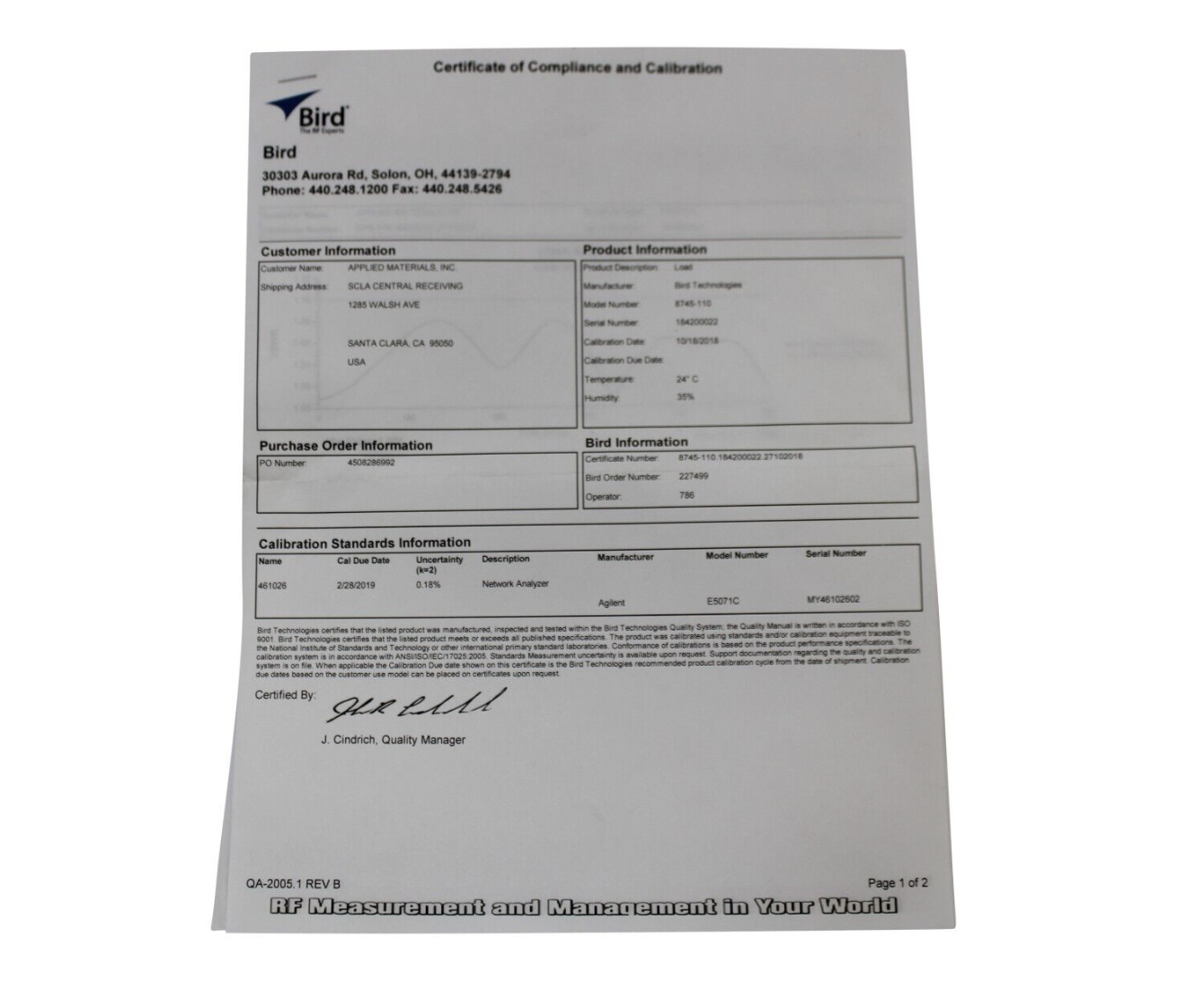 Used AMAT 0190-54595 REV 04 BIRD TECH RF HIGH POWER CALIBRATION CART 8745-100 4421